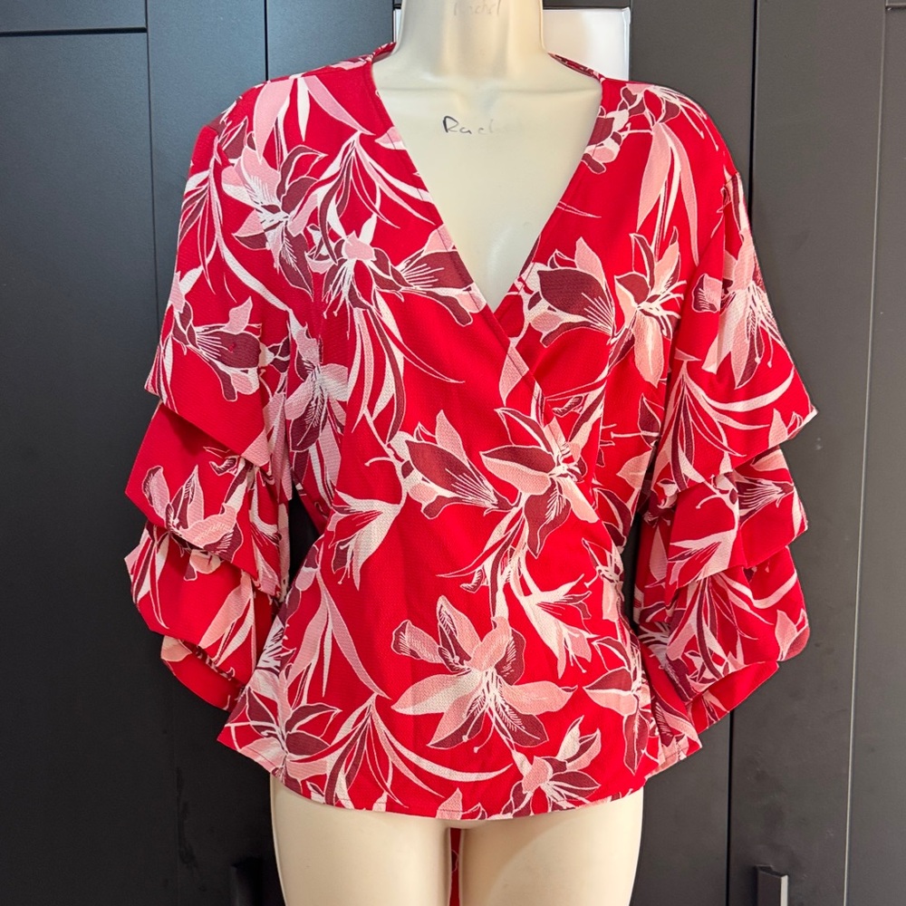 Bar III Red Floral Ruffle Sleeve Blouse